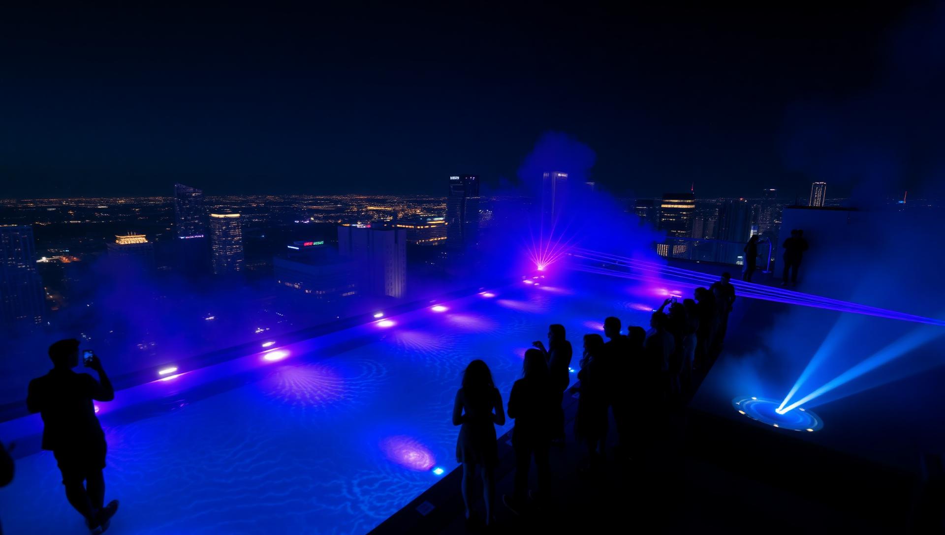 Rooftop event in downtown Los Angeles with violet lasers reflecting on infinity pool water
